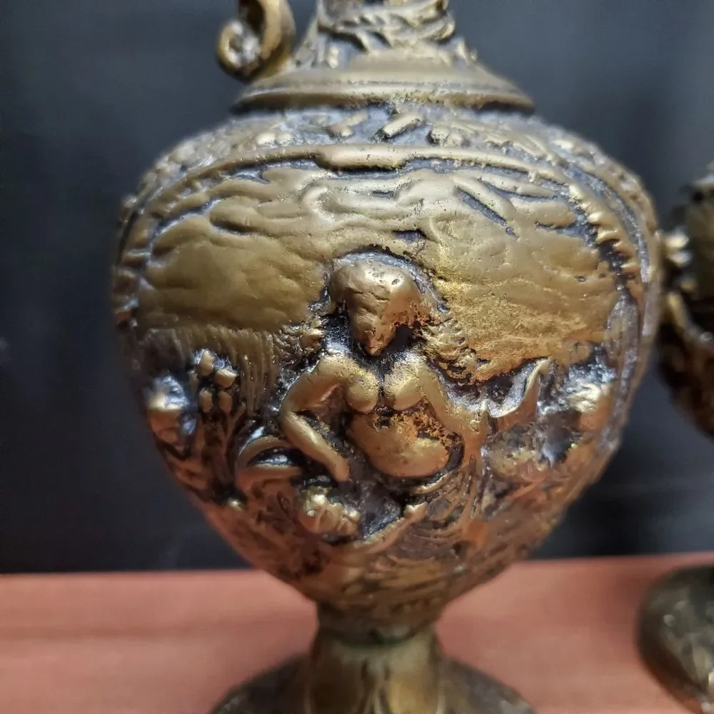 Antique Ornate Victorian Brass Cherub Ewer Pitcher Pair